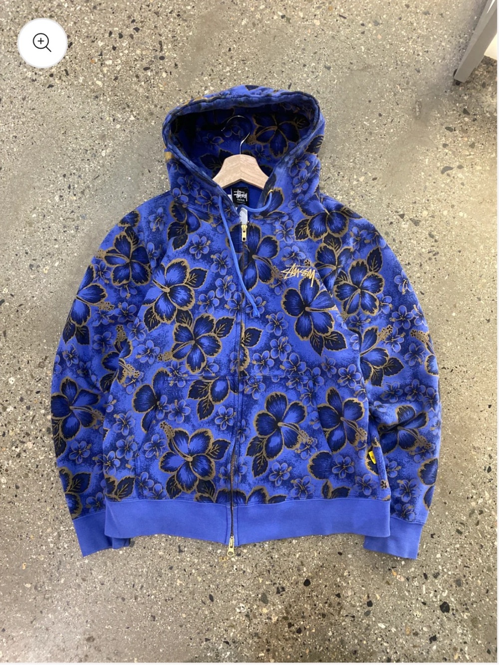 Stüssy Japan AOP Blue Floral Zip Hoodie with Yellow Logo Tab